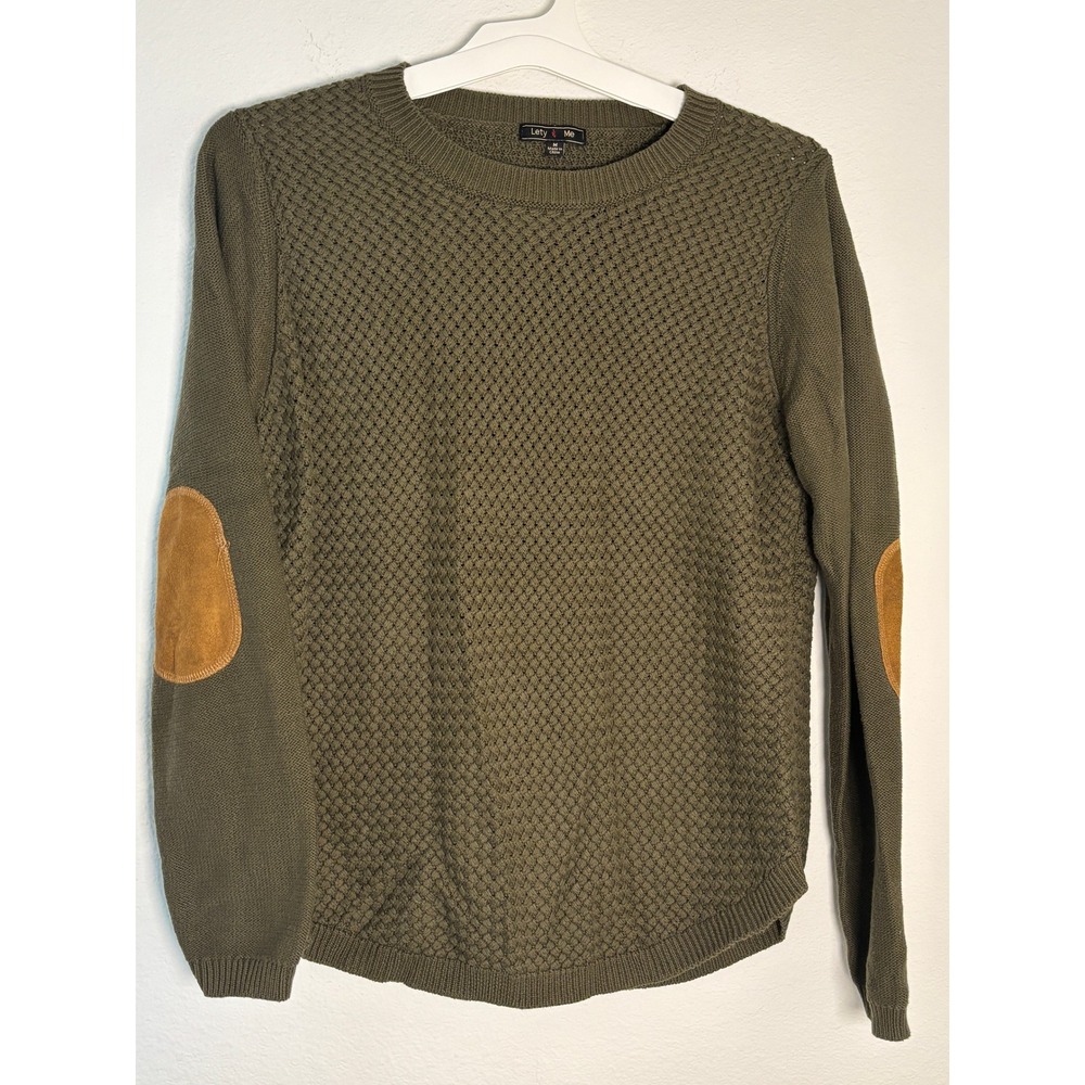 Lety & Me Olive Green Textured Knit Sweater with Elbow Patches Womens Medium